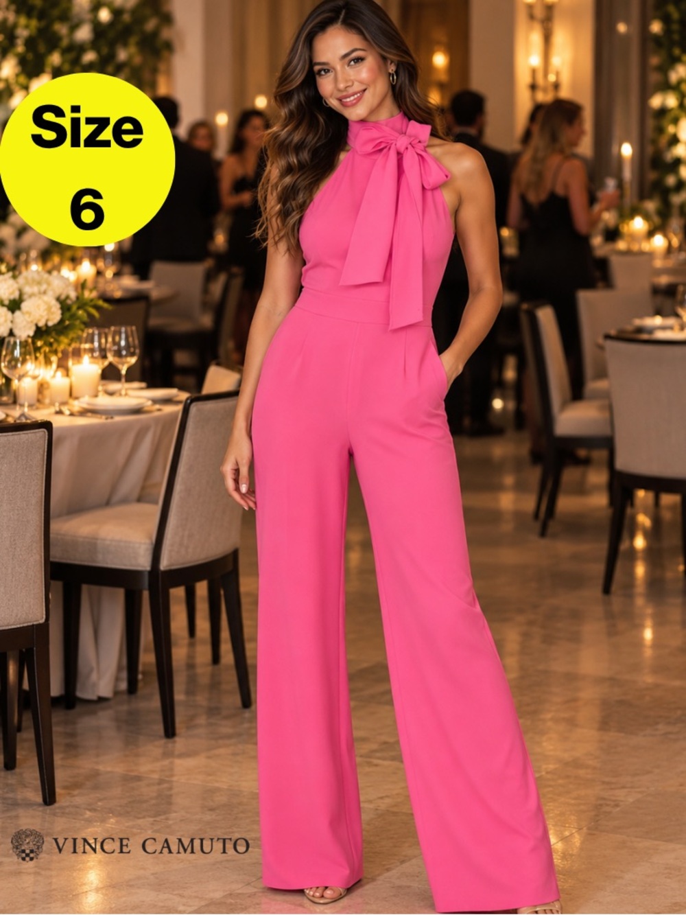 VINCE CAMUTO 💞 Hot Pink Halter Bow Wide-Leg Pants Jumpsuit, Pockets (Women’s 6)